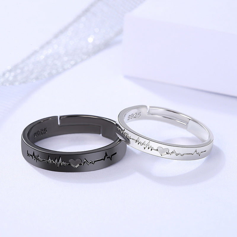 Couple Ring Couple Rings Lettering Black And White ECG Mouth Pair Men And Women Korean Style Student Minimalist Girlfriends