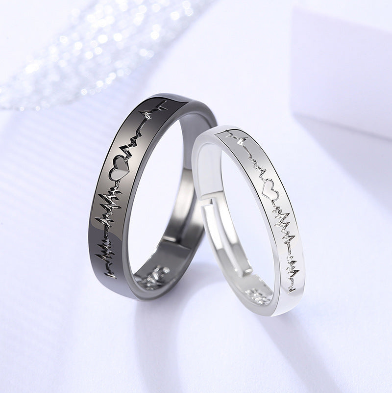 Couple Ring Couple Rings Lettering Black And White ECG Mouth Pair Men And Women Korean Style Student Minimalist Girlfriends
