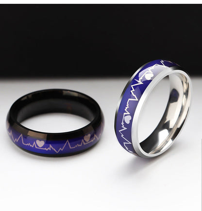 Korean Style ECG Couple Ring Stainless Steel Heartbeat Men And Women Couple Rings Titanium Steel Temperature Change Ring