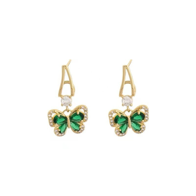 French Retro Green Zirconium Butterfly Earrings For Women