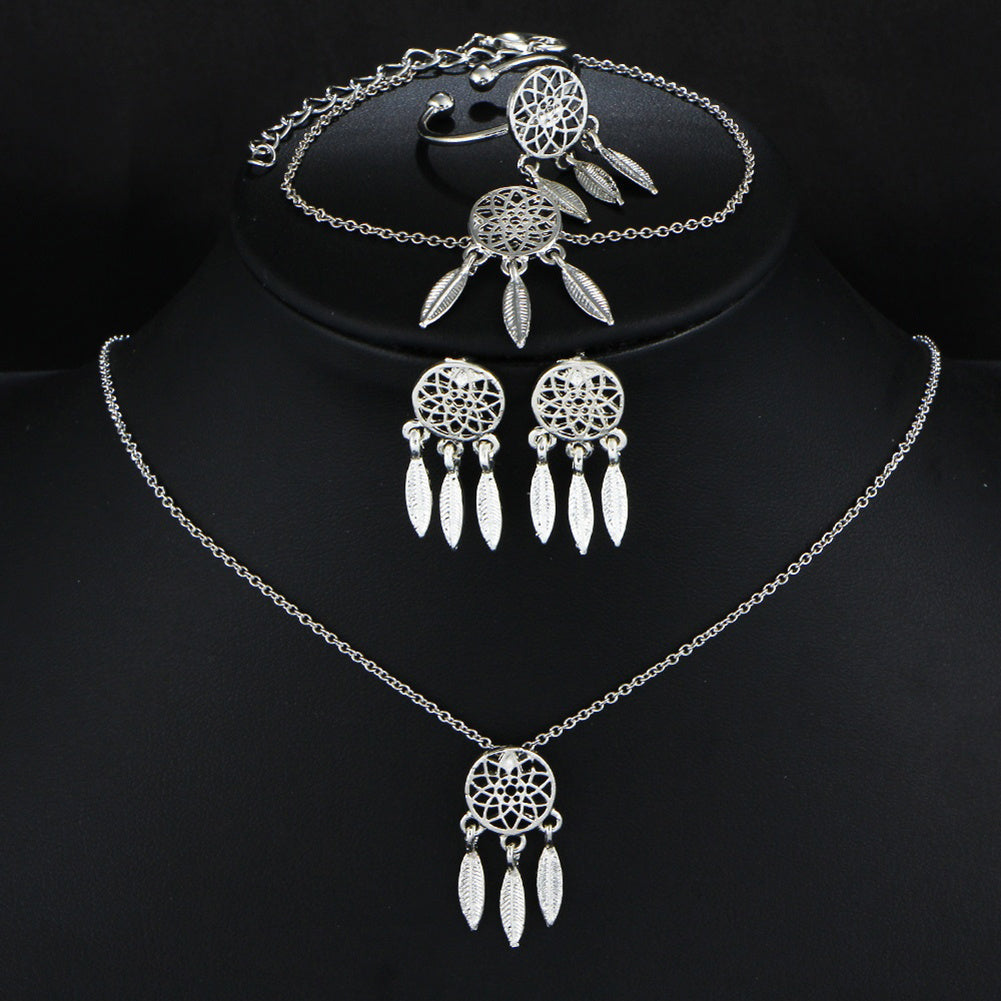 Hollow feather bracelet pendant earrings ring set