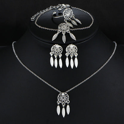 Hollow feather bracelet pendant earrings ring set