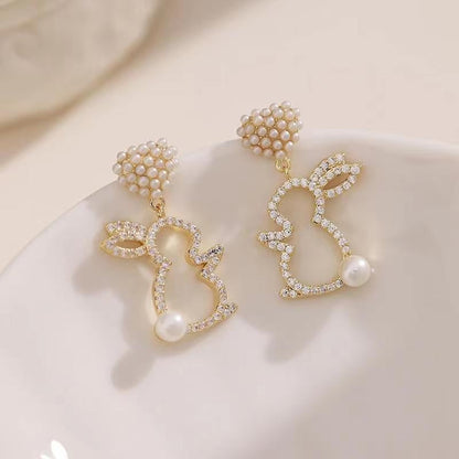 Pearl Bunny Earrings For Women Silver Pin Earrings