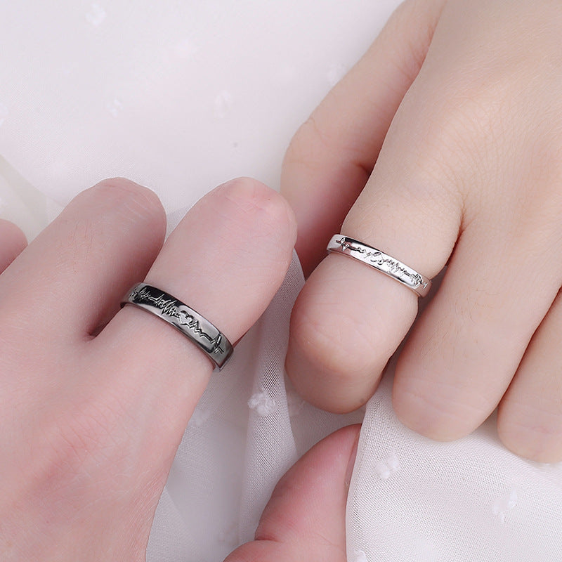 Couple Ring Couple Rings Lettering Black And White ECG Mouth Pair Men And Women Korean Style Student Minimalist Girlfriends