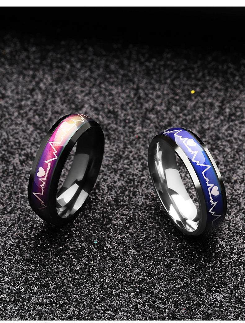 Korean Style ECG Couple Ring Stainless Steel Heartbeat Men And Women Couple Rings Titanium Steel Temperature Change Ring