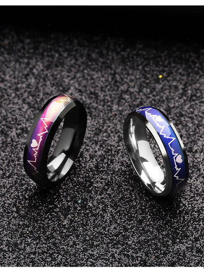 Korean Style ECG Couple Ring Stainless Steel Heartbeat Men And Women Couple Rings Titanium Steel Temperature Change Ring