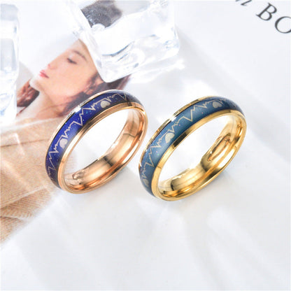 Korean Style ECG Couple Ring Stainless Steel Heartbeat Men And Women Couple Rings Titanium Steel Temperature Change Ring
