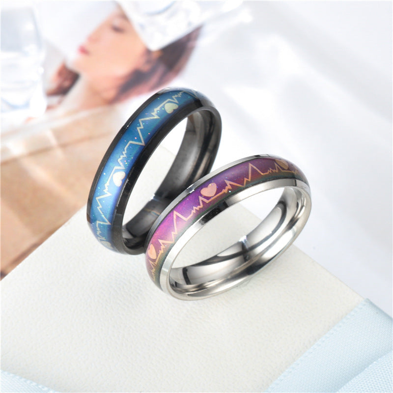 Korean Style ECG Couple Ring Stainless Steel Heartbeat Men And Women Couple Rings Titanium Steel Temperature Change Ring