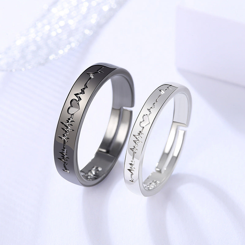 Couple Ring Couple Rings Lettering Black And White ECG Mouth Pair Men And Women Korean Style Student Minimalist Girlfriends