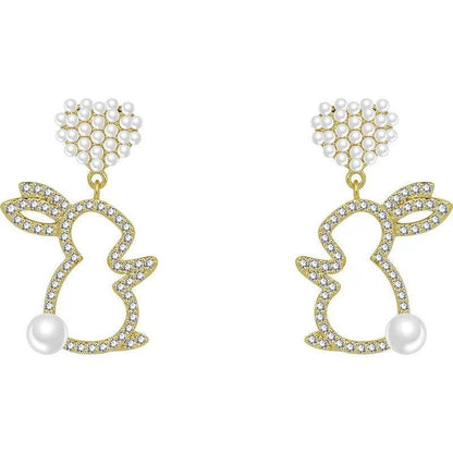 Pearl Bunny Earrings For Women Silver Pin Earrings
