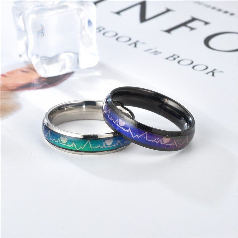 Korean Style ECG Couple Ring Stainless Steel Heartbeat Men And Women Couple Rings Titanium Steel Temperature Change Ring