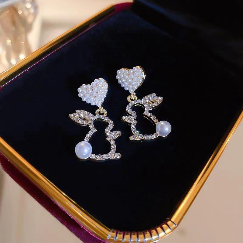 Pearl Bunny Earrings For Women Silver Pin Earrings