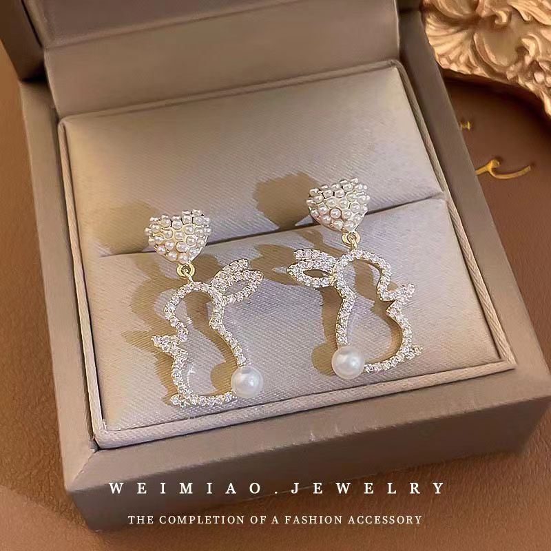 Pearl Bunny Earrings For Women Silver Pin Earrings