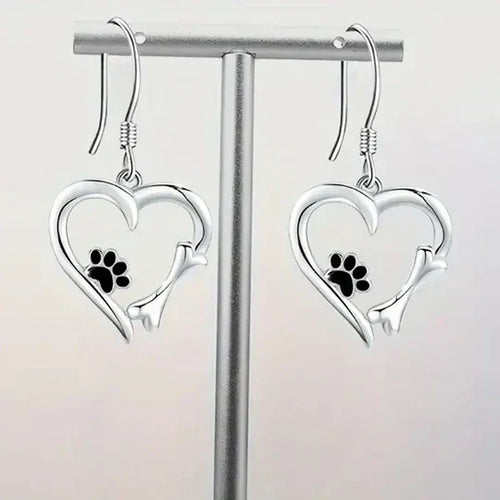 Yaritza™ – Silver Paw & Heart Drop Earrings