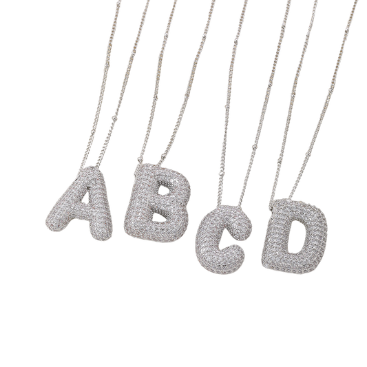 Bubble letter initial necklace set | White Gold