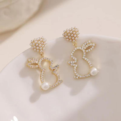 Pearl Bunny Earrings For Women Silver Pin Earrings