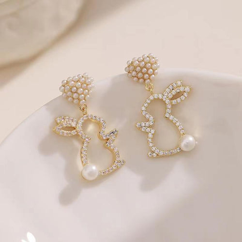 Pearl Bunny Earrings For Women Silver Pin Earrings