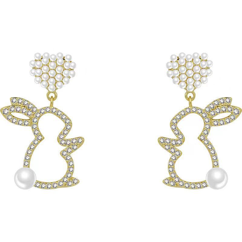 Pearl Bunny Earrings For Women Silver Pin Earrings