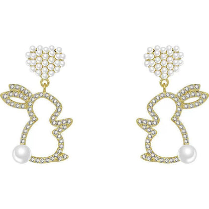 Pearl Bunny Earrings For Women Silver Pin Earrings