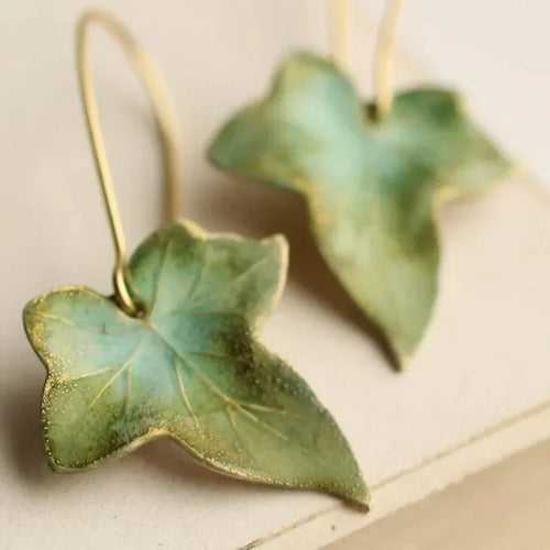 Antique Green Leaf Earrings | Gold