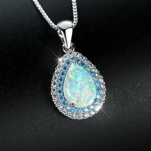 Elegant Blue Opal Drop Sparkling Necklace | White Gold